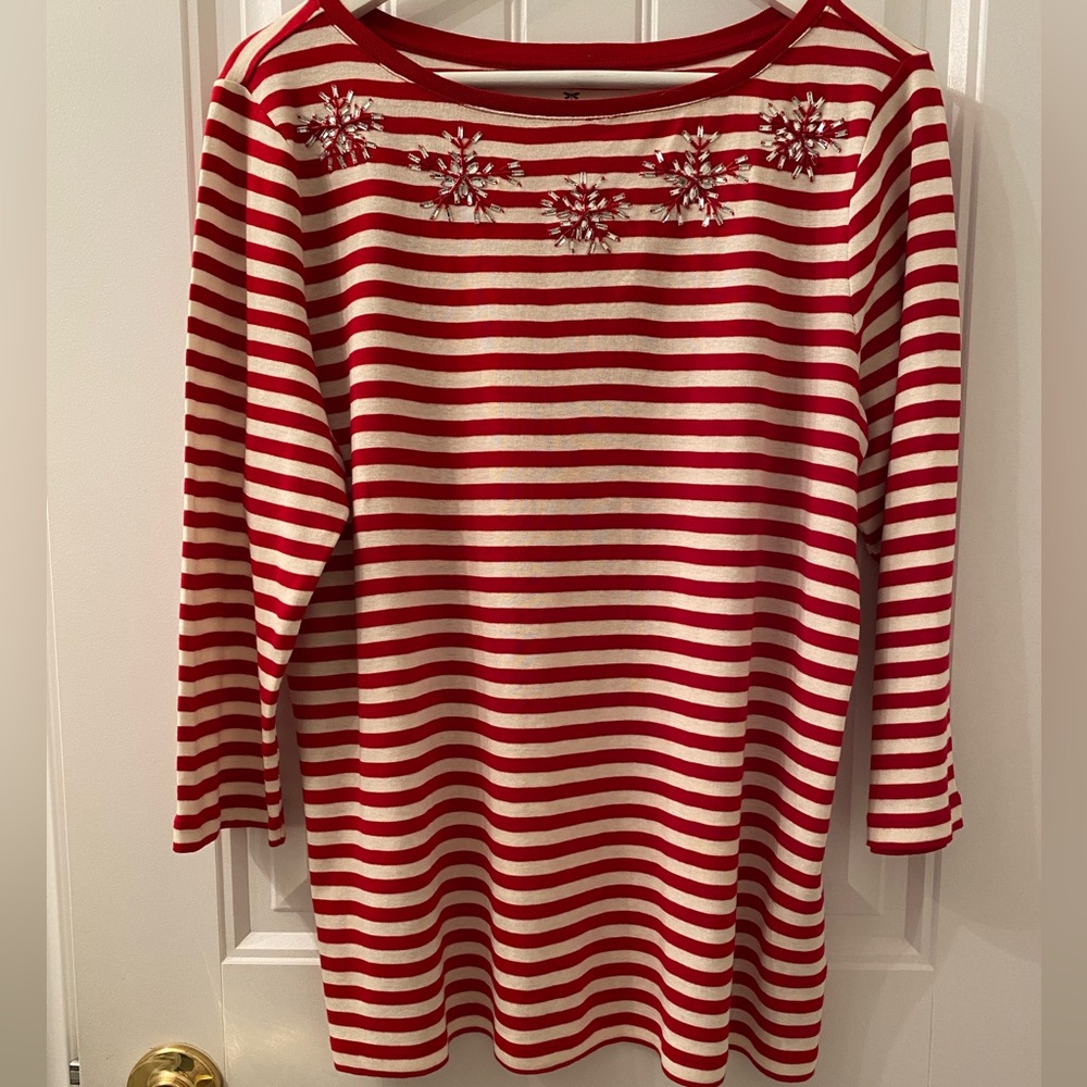 Talbots Sz 1X Red + White Striped 3/4 Sleeves Scoop Neck Top Tee w/Rhinestones